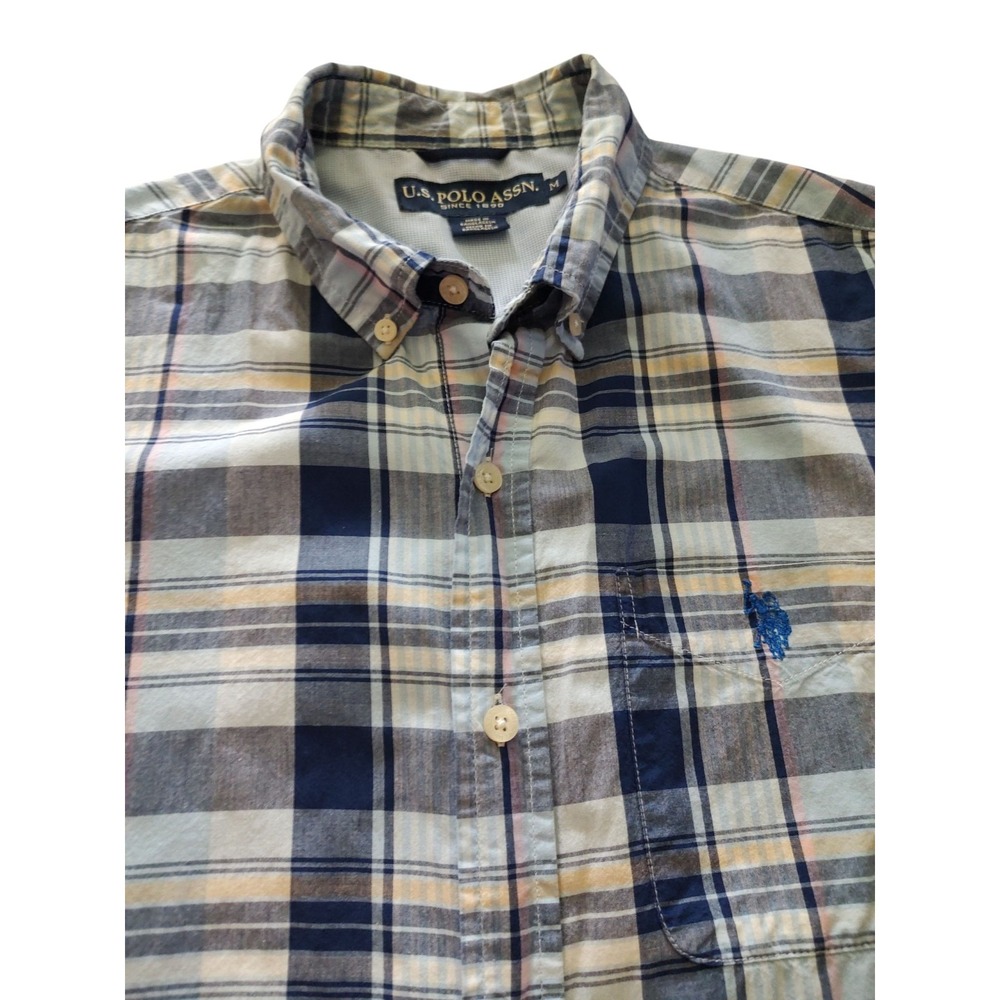 US Polo Assn Plaid Shirt Short Sleeve‎ Button Up Woven Blue Pony Mens Medium